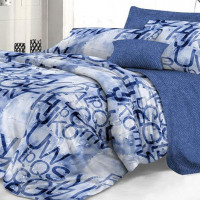 Постельное белье из бело-синего твил-сатина Синий туман с буквами и синим компаньоном Постельное белье из бело-синего твил-сатина Синий туман с буквами и синим компаньоном